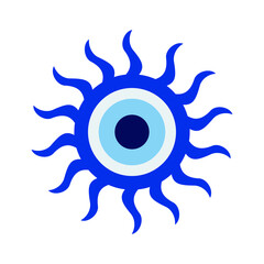 Blue eye. Turkish amulet against the evil eye. Guardian Nazar. An attribute of traditional magic. The blue sphere with rays looks like the sun. Vector graphics.
