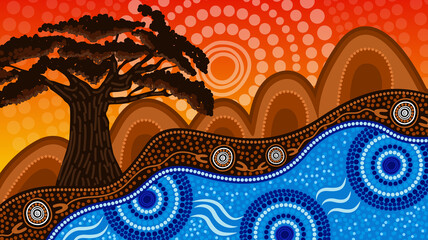 Tree on the hill, nature concept aboriginal art © rashmisingh