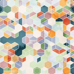 Obraz premium Seamless pattern of hexagons in random colors in watercolor. High quality illustration. Tile mosaic arrangement of triangles, trapezoids, and hexagons, in honeycomb arrangement. Design for print.