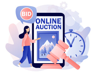 Online Auction concept. Tiny woman bidder, buyer and auctioneer bidding in public auction. Painting on smartphone screen. Hammer close deal. Modern flat cartoon style. Vector illustration  - obrazy, fototapety, plakaty