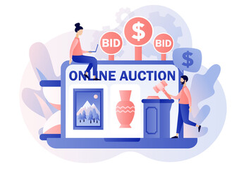 Online Auction concept. Tiny people bidder, buyer and auctioneer bidding in public auction. Painting and vase on laptop screen. Hammer close deal. Modern flat cartoon style. Vector illustration  - obrazy, fototapety, plakaty