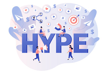 Hype - big text. Tiny people following internet trends. Social media viral or fake content. Bloggers, celebrities, influencers need more likes. SMM. Modern flat cartoon style. Vector illustration