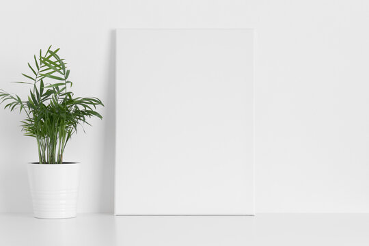 White canvas mockup with a palm plant on the table.