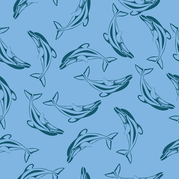 pattern, contours of dolphins on a blue background, isolated object on a white background, vector illustration,