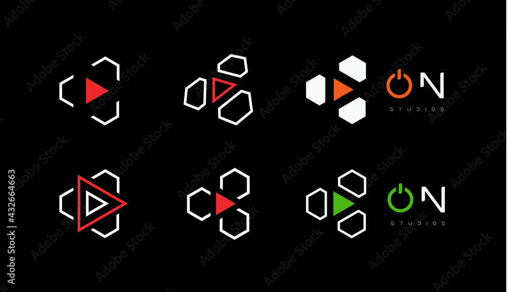 Poster Set of Play button. Start and launch icon, hud and gui design element. Digital multimedia logo template for music, video, audio player sign collection.Vector illustration.