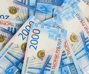 Money background. Russian currency. Banknote 2000 rubles. Financial crisis, ruble devaluation concept. Selective focus.