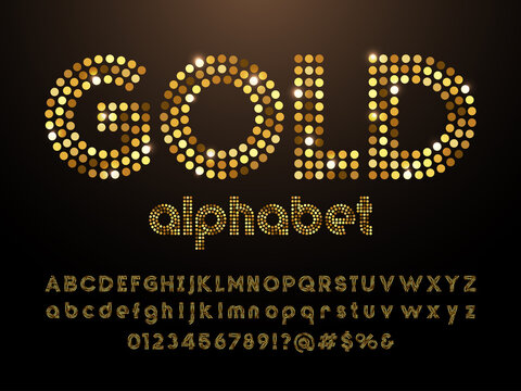 Gold dotted glittering style alphabet design with uppercase, lowercase, numbers and symbols