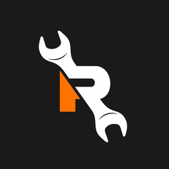 Fototapeta premium combination of the letter R with a spanner, icon or logo for repair services with a name starting with the letter r. 