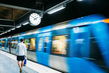 Stockholm, Sweden. Modern Illuminated Metro Underground Subway Station In Blue And Gray Colors With...
