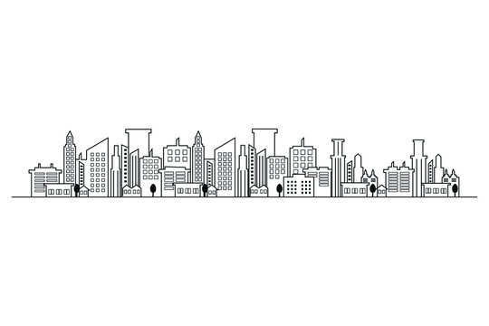 City panoramas in thin lines, Wide-angle city illustrations, Outline cityscape on a white background.