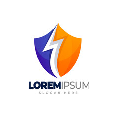 Thunder shield logo. Shield with lightning flash gradient logo template