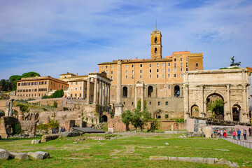 Roman Forum, a forum surrounded by ruins in Rome, Italy