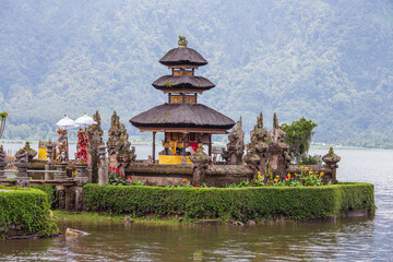Pura Ulun Danu Bratan Water Temple in cloudy weather on the island of Bali, Indonesia