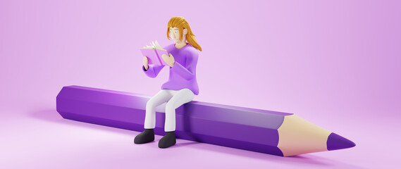 Education concept. 3d of woman read the book sit on pencil on pink background. Modern flat design isometric concept of Education. Back to school.