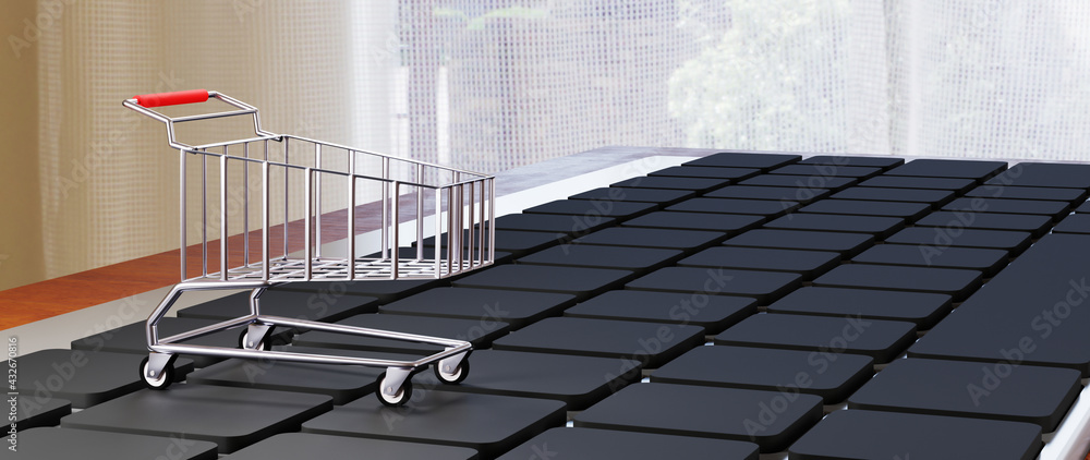 Poster 3d render of the cart on the keyboard. business online mobile and e-commerce on web shopping concept