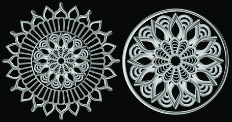 Silver mandala on black background. Silver mandala round ornament tribal ethnic pattern decorative element for card design. Vector abstract background.