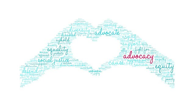 Advocacy animated word cloud on a white background.