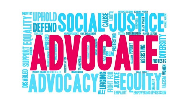 Advocate animated word cloud on a white background.