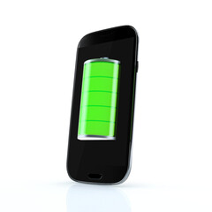 Glossy transparent battery symbol charge indicator with smart phone on white background. Full power status concept design. 3d render