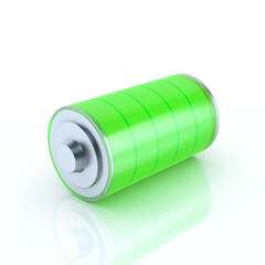 Glossy transparent battery symbol charge indicator on white background. Full power status concept design. 3d render
