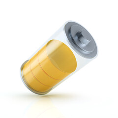 Glossy transparent battery symbol charge indicator on white background. Middle power status concept design. 3d render