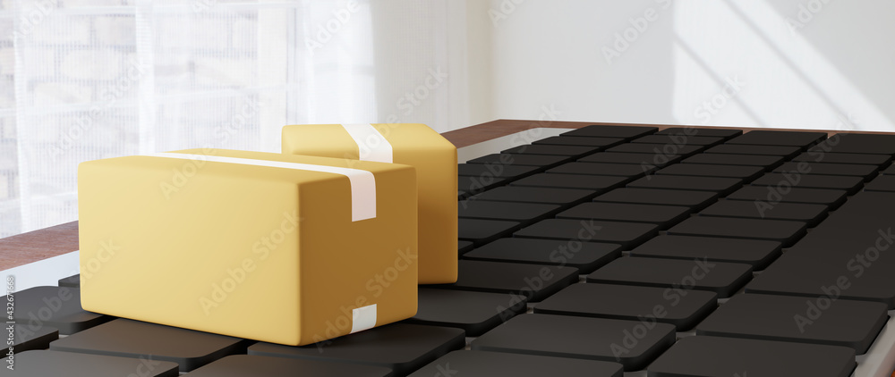 Aufkleber 3d render of the parcel box on the keyboard. business online mobile and e-commerce on web shopping c