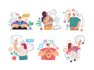 Man woman people manager business person office worker character making internet online business activity isolated set. Vector flat simple modern style illustration