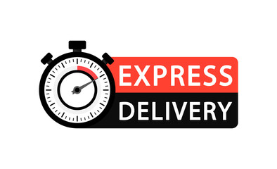 Express delivery icon. Fast delivery, express and urgent delivery, services, stopwatch sign. Timer and express delivery inscription. Fast delivery logo design. Vector illustration