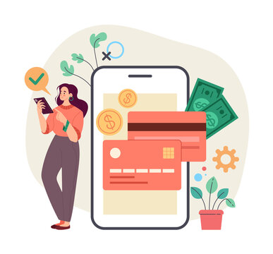 Woman consumer bank client taking credit money online by smartphone internet. Online internet banking concept. Vector flat simple modern style illustration
