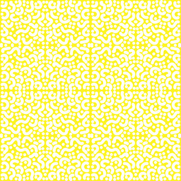 Yellow abstract mosaic square seamless pattern with  doodle white dots and scribbles.Kaleidoscope effect.Vector illustration.
