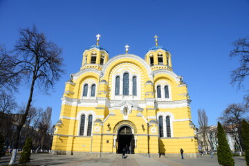 KYIV, UKRAINE - APRIL 10, 2019: Saint Volodymyr Cathedral (St. Vladimir Cathedral) built in neo-Byzantine style, orthodox church in Kiev (Kyiv), capital city of Ukraine, Eastern Europe
