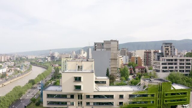 Tbilisi, Georgia. Building of Bank of Georgia headquarters ex for the Ministry of Highway. Beautiful Soviet constructivists, Brutalist and Structuralism. Aerial drone photo from above