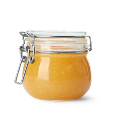 Delicious orange marmalade in glass jar isolated on white