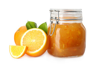 Delicious orange marmalade in glass jar and citrus fruits on white background