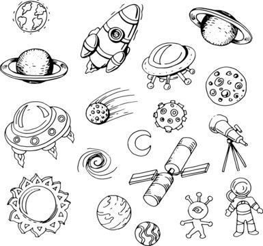 space set vector illustration hand-drawn cute images childrens bright colored rocket meteorite planet alien flying saucers astronaut satellite sun saturn mars stars and constellations. Print mesh 
