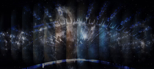 UFO in stripes light in space. Elements of this image furnished by NASA.