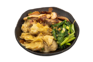 Pork wonton or pork dumplings with Roasted pork and Cantonese vegetables in plate isolated on white background with clipping path. Cantonese chinese food, Selective focus.