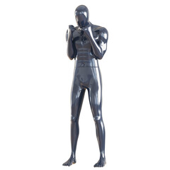 Fototapeta premium A male glossy faceless mannequin stands holding his fists in front of his face on a white background. Defensive fighting pose. 3d rendering