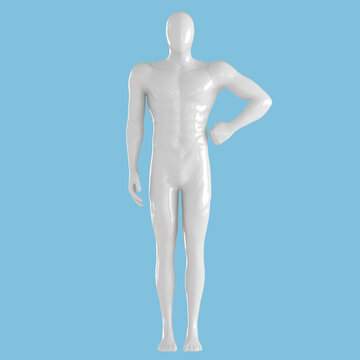 A light male faceless mannequin stands holding his hand in a fist near the waist on a blue background. 3d rendering. Frong view