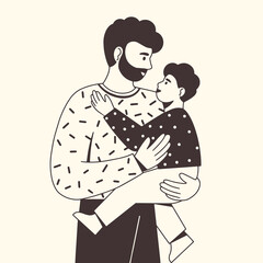 Father and child. Happy dad holding his cute baby in arms. Family spending time together. Father's day. Modern design for greeting card, poster, web or print. Flat vector illustration.