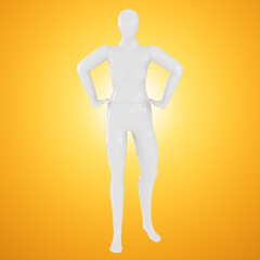 Fat faceless female mannequin on an orange backlit background. Mannequin plus size. Front view. 3d rendering