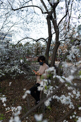 Photo of an attractive young female using her phone and taking pictures of the almond tree blossom in a park in Madrid