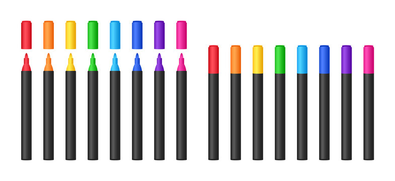 Colorful pen markers set. Realistic highlighters for drawing. Text markers collection. Colored felt-tip pens. Office stationery. Vector illustration.