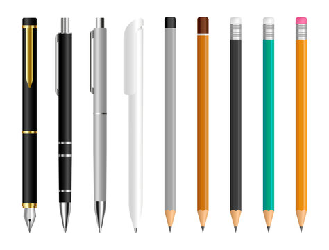 Pen and pencil set. Stationery tools for drawing and writing. Office pens and pencils. Fountain pen, ballpoint pen and wooden pencil. School writing items. Vector illustration.