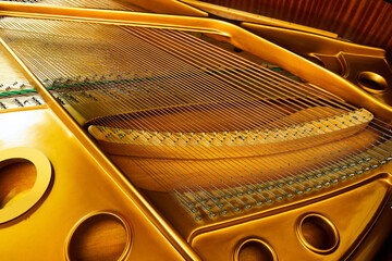 piano deck close view, chords and other parts, grand piano musical instrument