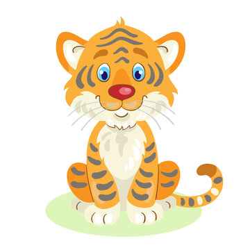 Cute little tiger cub is sitting. In cartoon style. Isolated on white background. Vector flat illustration.