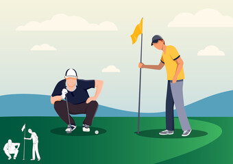 Young Man in Uniform Playing Golf on Course with Green Grass. Man Check the distance of the golf ball to Hole, Sport Game Tournament, Summer Spare Time. Flat Vector Illustration