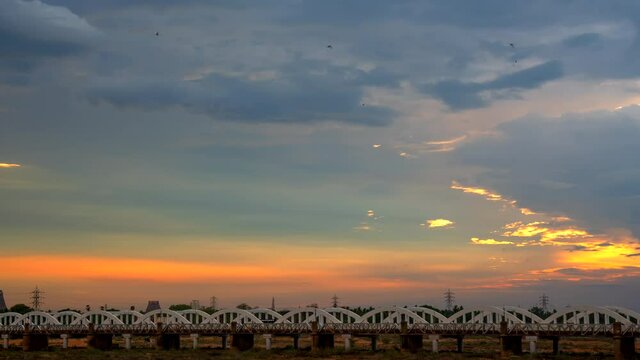 Kollidam Bridge, Trichy day to night transition time-lapse, View from bridge with beautiful colourful cloudy sky
