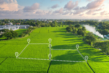 Land plot in aerial view. Gps registration survey of property, real estate for map with location,...