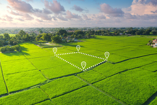Land plot in aerial view. Gps registration survey of property, real estate for map with location, area. Concept for residential construction, development. Also home or house for sale, buy, investment.